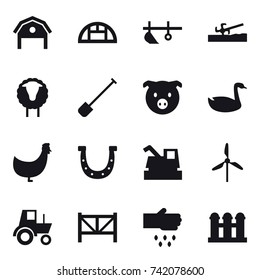 16 vector icon set : barn, greenhouse, plow, soil cutter, sheep, shovel, pig, goose, chicken, horseshoe, harvester, windmill, tractor, farm fence, sow, grain elevator