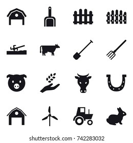 16 vector icon set : barn, scoop, fence, soil cutter, cow, shovel, fork, pig, harvest, horseshoe, windmill, tractor, rabbit
