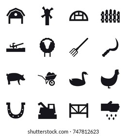 16 vector icon set : barn, windmill, greenhouse, fence, soil cutter, sheep, fork, sickle, pig, wheelbarrow, goose, chicken, horseshoe, harvester, farm fence, sow