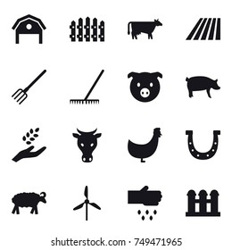 16 vector icon set : barn, fence, cow, field, fork, rake, pig, harvest, chicken, horseshoe, sheep, windmill, sow, grain elevator