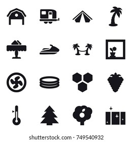 16 vector icon set : barn, trailer, tent, palm, restaurant, jet ski, palm hammock, flower in window, cooler fan, inflatable pool, honeycombs, berry, thermometer, spruce, garden, clean  window