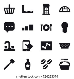 16 vector icon set : basket, ruler, building, greenhouse, cafe, bulb, water tap, kolander, meat hammer, coffee seeds, washing powder