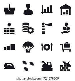 16 vector icon set : basket, man, graph, warehouse, sun power, virtual mining, lighthouse, cafe, baggage trolley, iron, seeds, harvester, construct garbage