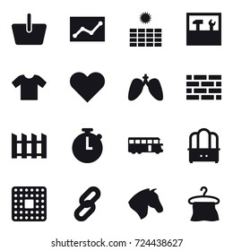 16 vector icon set : basket, statistic, sun power, tools, t-shirt, brick wall, fence, bus, dresser, horse, hanger