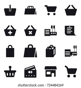16 vector icon set : basket, shopping bag, cart, add to basket, delete cart, store, shopping list, mall, credit card, shop
