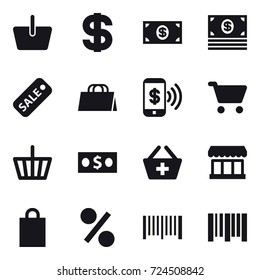 16 vector icon set : basket, dollar, money, sale, shopping bag, phone pay, cart, add to basket, market, percent, barcode