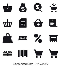 16 vector icon set : basket, money bag, dollar arrow, add to cart, account balance, add to basket, shopping list, shopping bag, sale, percent, atm receipt, cart