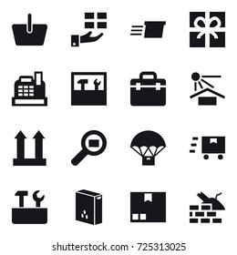 16 vector icon set : basket, gift, delivery, cashbox, tools, repair tools, package, construct garbage