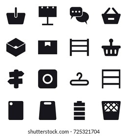 16 vector icon set : basket, billboard, discussion, remove from basket, box, signpost, ring button, hanger, rack, cutting board, trash bin