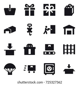 16 vector icon set : basket, gift, shopping bag, warehouse, safe, package