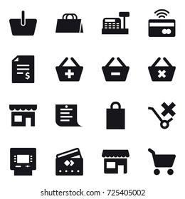 16 vector icon set : basket, shopping bag, cashbox, tap to pay, account balance, add to basket, remove from basket, delete cart, shop, shopping list, atm, credit card, cart