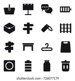 16 vector icon set : basket, billboard, discussion, battery, box, singlepost, signpost, table, hanger, cutting board, ring button, trash bin