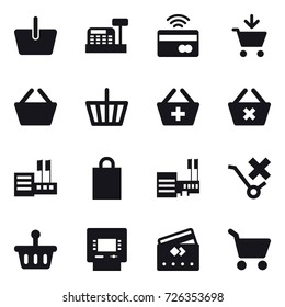 16 vector icon set : basket, cashbox, tap to pay, add to cart, add to basket, delete cart, store, shopping bag, mall, atm, credit card, cart