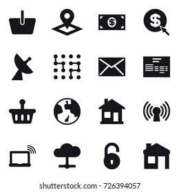 16 vector icon set : basket, pointer, money, dollar arrow, satellite antenna, chip, mail, earth, home, house