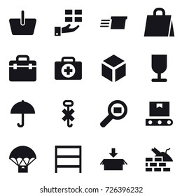 16 vector icon set : basket, gift, delivery, shopping bag, 3d, rack, package, construct garbage