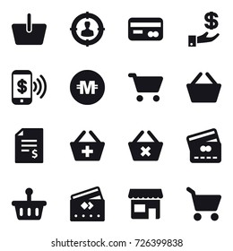 16 vector icon set : basket, target audience, card, investment, phone pay, crypto currency, cart, account balance, add to basket, delete cart, credit card, shop