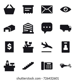 16 vector icon set : basket, atm receipt, mail, warehouse, inspector, arrival, identity card, reception, stairs, blower