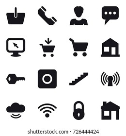 16 vector icon set : basket, phone, woman, message, monitor arrow, add to cart, cart, home, key, ring button, stairs, house