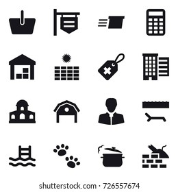 16 vector icon set : basket, shop signboard, delivery, calculator, warehouse, sun power, houses, mansion, barn, lounger, pool, pets, steam pan, construct garbage