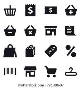 16 vector icon set : basket, receipt, add to basket, remove from basket, delete cart, shop, shopping list, shopping bag, sale label, percent, barcode, cart, hanger