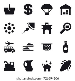 16 vector icon set : basket, dollar, parachute, warehouse, round around, arch, transfer, slippers, colander, harvester, jug, house cleaning, bug