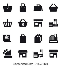 16 vector icon set : basket, shopping bag, delete cart, shop, store, shopping list, cashbox, mall