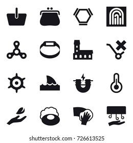 16 vector icon set : basket, purse, hex molecule, fingerprint, spinner, smart bracelet, mansion, handwheel, shark flipper, hand leaf, soap, wiping, hand dryer