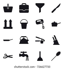 16 vector icon set : basket, portfolio, funnel, bucket, mixer, saute pan, pan, kettle, garlic clasp, knife holder, scissors, water tap, plunger, duster