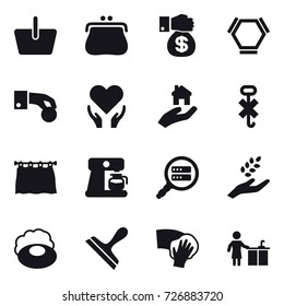 16 vector icon set : basket, purse, money gift, hex molecule, hand coin, real estate, curtain, coffee maker, harvest, soap, scraper, wiping, kitchen cleaning