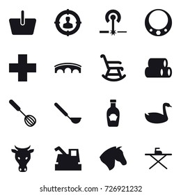 16 vector icon set : basket, target audience, laser, necklace, bridge, rocking chair, whisk, ladle, goose, cow, harvester, horse, iron board