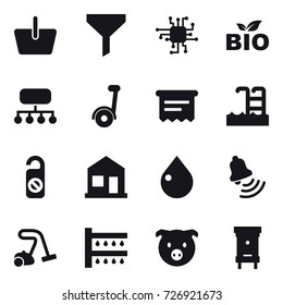 16 vector icon set : basket, funnel, chip, bio, structure, atm receipt, pool, do not distrub, home, drop, bell, vacuum cleaner, watering, pig, hive