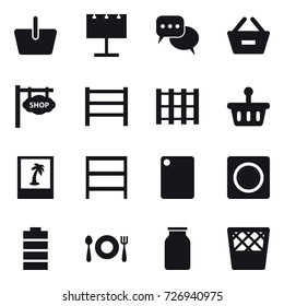 16 vector icon set : basket, billboard, discussion, remove from basket, shop signboard, photo, rack, cutting board, ring button, trash bin