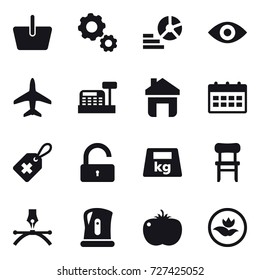 16 vector icon set : basket, gear, diagram, eye, plane, cashbox, home, calendar, unlock, chair, kettle, ecology