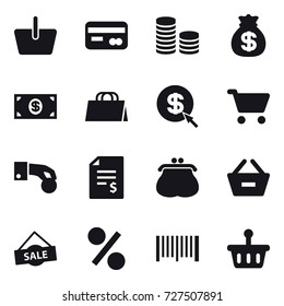 16 vector icon set : basket, card, coin stack, money bag, money, shopping bag, dollar arrow, cart, hand coin, account balance, purse, remove from basket, sale, percent, barcode
