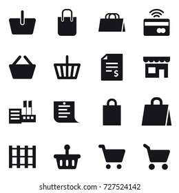16 vector icon set : basket, shopping bag, tap to pay, account balance, shop, store, shopping list, cart