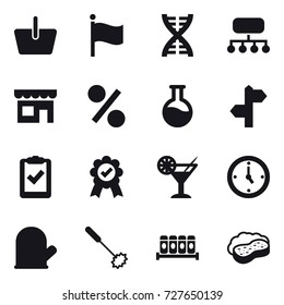 16 vector icon set : basket, flag, dna, structure, shop, percent, cocktail, watch, cook glove, whisk, sponge with foam