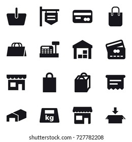 16 vector icon set : basket, shop signboard, card, shopping bag, cashbox, warehouse, credit card, shop, atm receipt, package