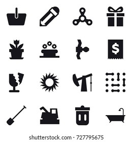 16 vector icon set : basket, pencil, spinner, gift, flower bed, sun, shovel, harvester, trash bin, bath