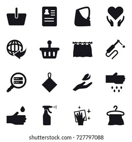 16 vector icon set : basket, curtain, rag, hand leaf, sow, hand drop, sprayer, wiping, hanger