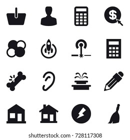 16 vector icon set : basket, man, calculator, dollar arrow, atom core, rocket, laser, fountain, pencil, home, electricity, broom