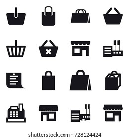 16 vector icon set : basket, shopping bag, delete cart, shop, store, shopping list, cashbox, mall