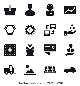 16 vector icon set : basket, man, call center, statistic, hex molecule, sun power, notebook connect, chamical industry, cpu, flower, landscape, pickup