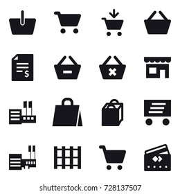 16 vector icon set : basket, cart, add to cart, account balance, remove from basket, delete cart, shop, store, shopping bag, delivery, mall, credit card