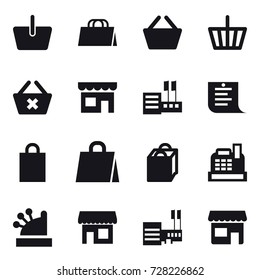 16 vector icon set : basket, shopping bag, delete cart, shop, store, shopping list, cashbox, mall