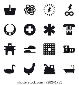 16 vector icon set : basket, atom, lightning, infinity power, necklace, column, arch, slippers, goose, chicken, harvester, bath