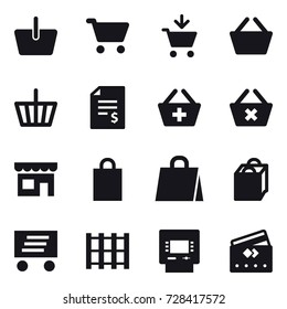 16 vector icon set : basket, cart, add to cart, account balance, add to basket, delete cart, shop, shopping bag, delivery, atm, credit card