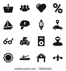 16 vector icon set : basket, group, heart, percent, boat, brain, smartwatch, car pointer, modern architecture, speaker, soil cutter, barn, hard reach place cleaning