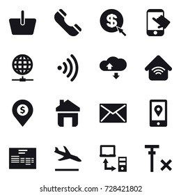 16 vector icon set : basket, phone, dollar arrow, touch, globe connect, wireless, cloude service, wireless home, dollar pin, home, mail, arrival
