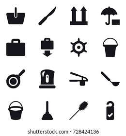 16 vector icon set : basket, suitcase iocn, baggage get, handwheel, bucket, pan, kettle, garlic clasp, ladle, plunger, duster, please clean