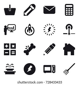 16 vector icon set : basket, pencil, mail, calculator, presentation, rocket, lightning, laser, home, fountain, electricity, fork 16 vector icon set : basket, pencil, mail, calculator, presentation, rocket, lightning, laser, home, fountain, electricity, fork
